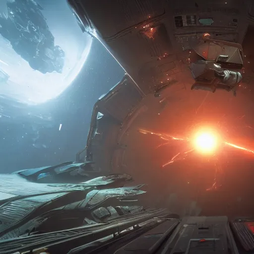 Image similar to Masterchief floating through space amongst spaceship wreckage, hyper detailed, unreal engine 5