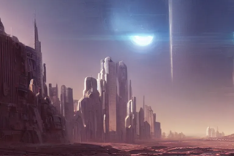 Image similar to cityscape of a city on Mars, futuristic, cinematic lighting, concept art