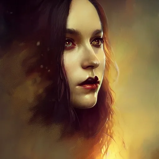 Image similar to majestic gracious regal aristocratic brunette female vampire portrait, atmospheric lighting, painted, menacing, intricate, volumetric lighting, beautiful, rich deep colours masterpiece, golden hour, sharp focus, ultra detailed, by leesha hannigan, ross tran, thierry doizon, kai carpenter, ignacio fernandez rios