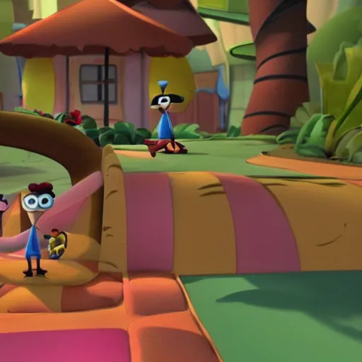Prompt: Fanboy & Chum Chum cartoon 3D scene hanging out with a monkey
