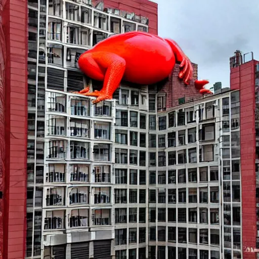 Prompt: a giant red frog as big as a building