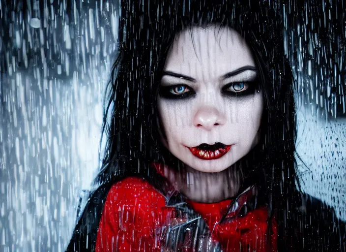 Prompt: closeup portrait of emo vampire goth miranda cosgrove standing in the rain in a dark cyberpunk city, heavy make - up running down face, neon reflections in the puddles, portra 4 0 0 candid photograph portrait by annie leibovitz, 3 5 mm macro shot, f / 3 2, hyperrealistic, cinematic lighting, hd wallpaper, 8 k, 4 k