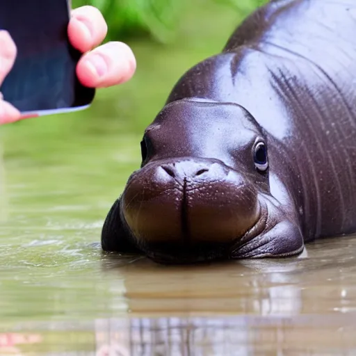 Image similar to A happy pygmy hippo taking a selfie