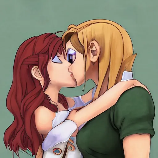 Image similar to female link and malon kissing, concept art, highly detailed