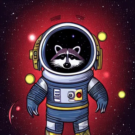 Prompt: Illustration of a raccoon astronaut with the cosmos reflecting on the glass of his helmet dreaming of the stars, trending on artstation