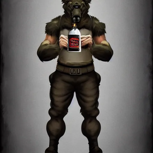 Image similar to a humanoid german shepherd beast - man in military style, holding a bottle of beer, artstation, concept art, smooth, sharp foccus ilustration, artstation