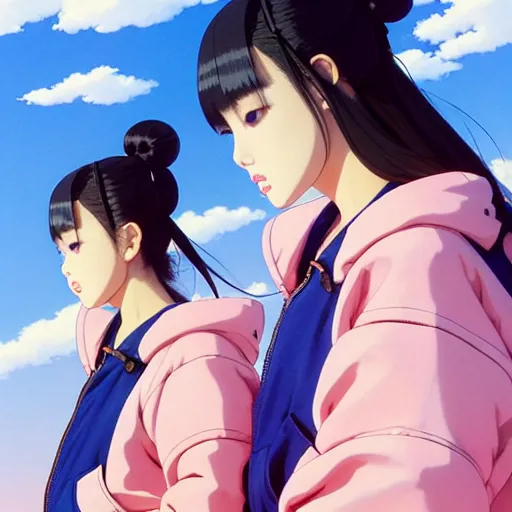 Image similar to a beautiful plus sized model japanese natalie portman, alluring, wearing oversized mayan bomber jacket and leotard with overalls, bulky poofy bomber jacket with mayan patterns, aztec street fashion, gapmoe yandere grimdark, trending on pixiv fanbox, painted by greg rutkowski makoto shinkai takashi takeuchi studio ghibli, akihiko yoshida