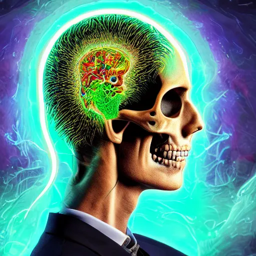 Prompt: a majestic portrait of a man with an open skull showing his brain, a computer algorith running inside the brain with, digital painting, high detail, 8 k, intricate ornamental details, vibrant iridescent colors, green magenta and gold