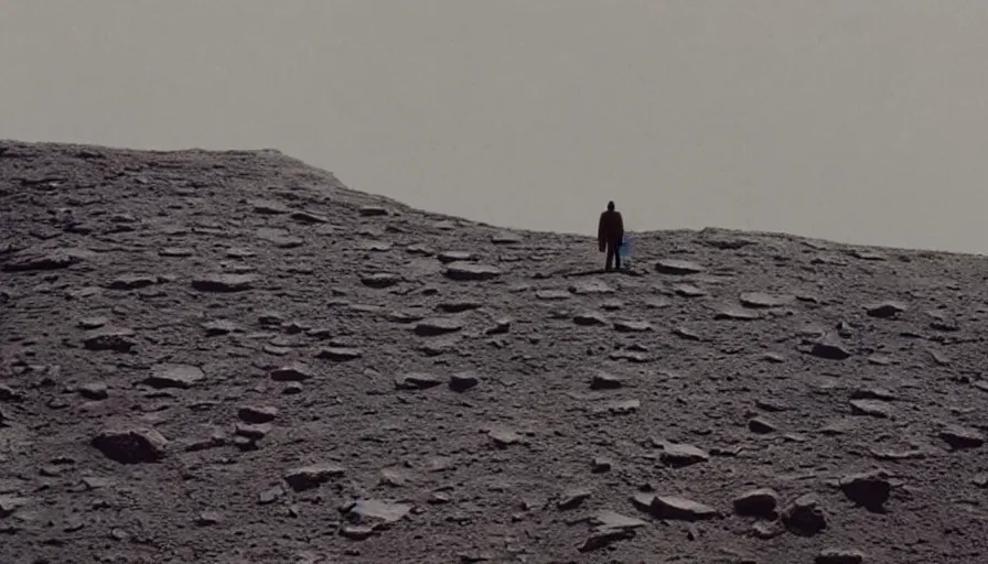 Image similar to A lone figure standing on the edge of a cliff on an alien moon, arcology megastructure stretch across the surface of the moon, cinematic, IMAX, Christopher nolan