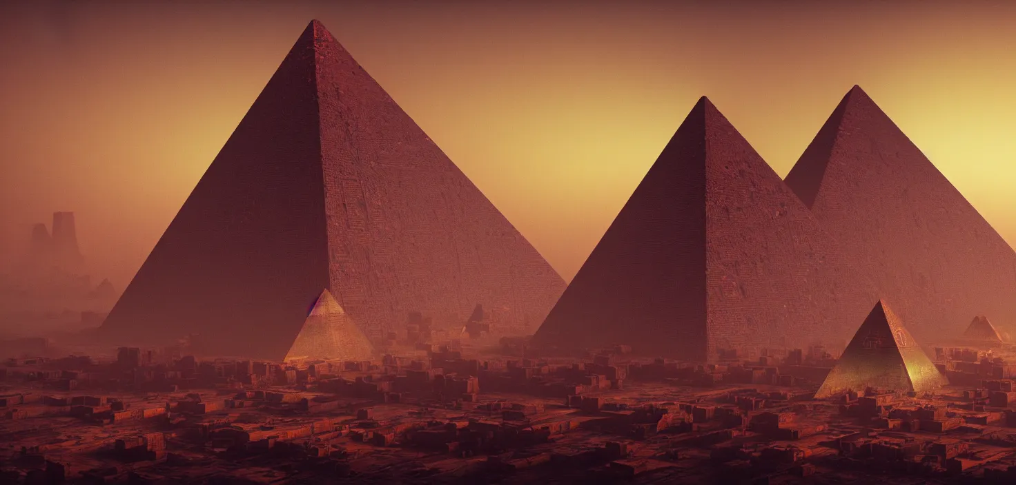 Image similar to cyberpunk egiptian pyramid overview, Zdzisław Beksiński color scheme, featured in artstation, octane render, cinematic, elegant, intricate, 8k