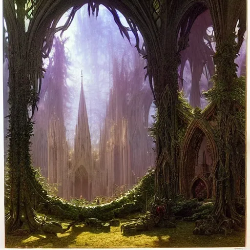 Image similar to a beautiful and highly detailed matte painting of an elven cathedral in a magical celtic forest, otherworldly trees and plants and flowers, detailed spires, by caspar friedrich, albert bierstadt, james gurney, brian froud,