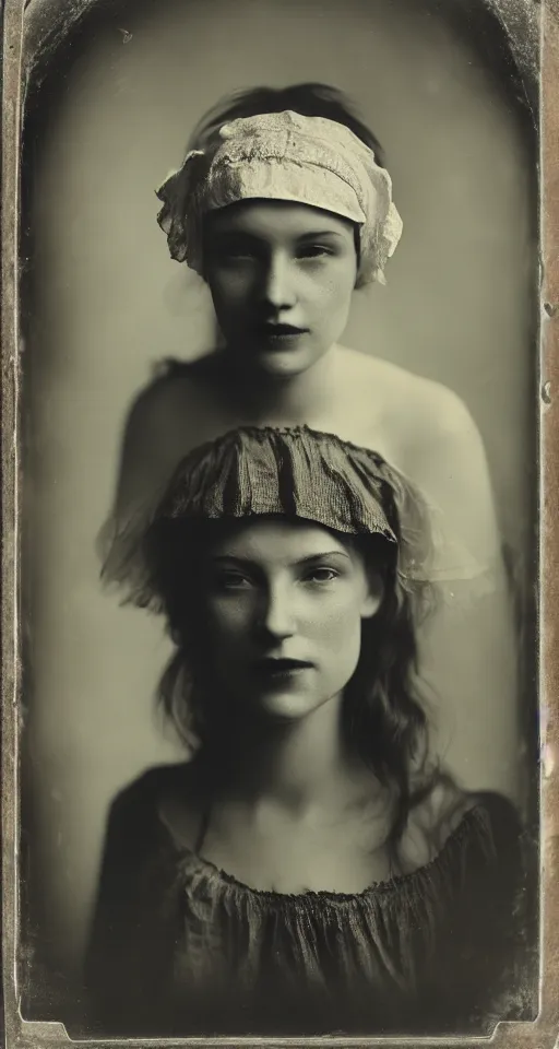 Image similar to a wet plate photograph, a portrait of a beautiful woman wearing a bonnet