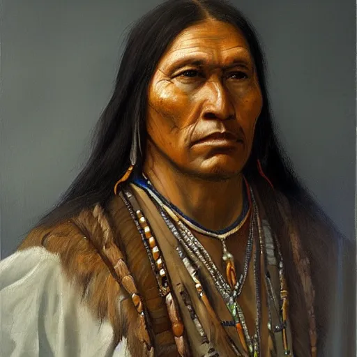 Image similar to renaissance portrait painting of a native american, artstation