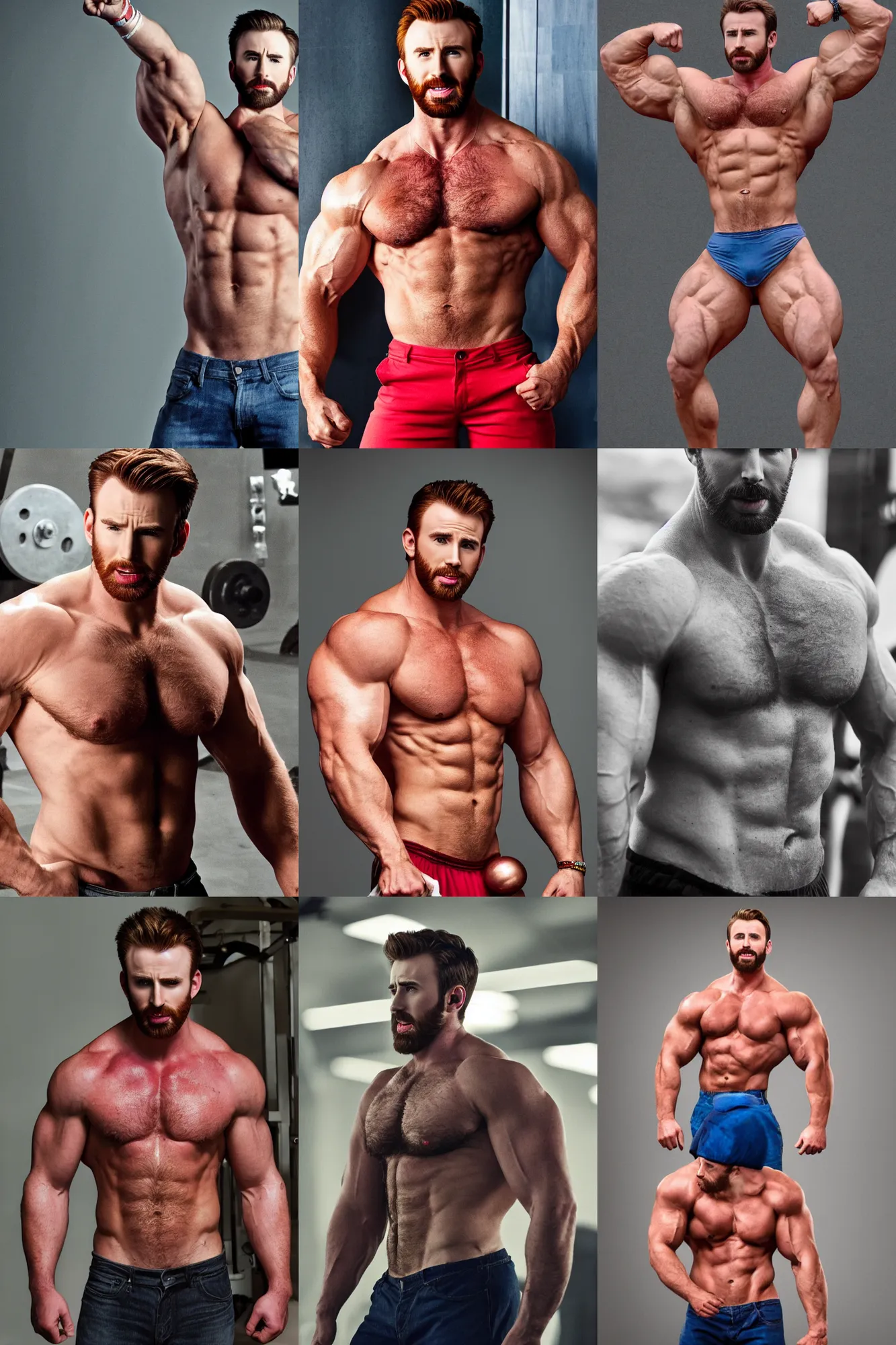 Prompt: chris evans as a bodybuilder, masculine, muscular, handsome, powerful, hairy torso, 4 k hd photograph