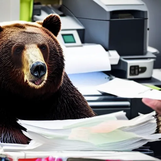 Prompt: a bear using a printer but it won't work, reeeeeeee, papers everywhere, rage, no printer ink, left phone at work when went home