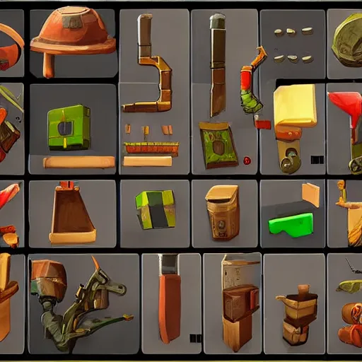 Image similar to modular inventory game items, very realistic , artstation, concept art ,