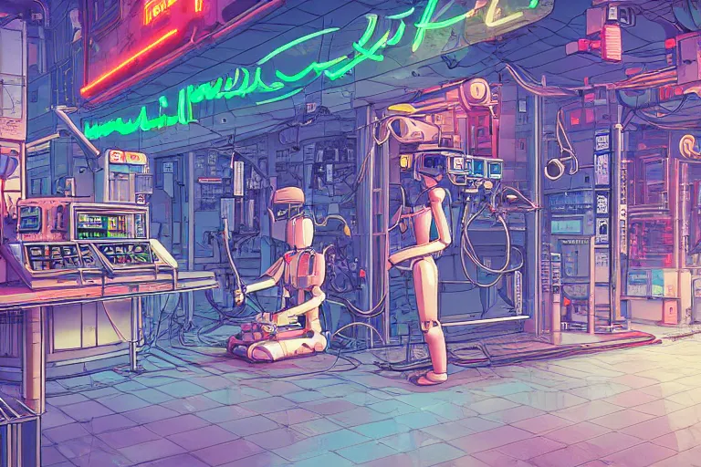 Prompt: robot repair shop, broken robot on ground, science-fiction, cyberpunk, neon lights, mist, cables, computer screens, girl working, windows, 8k, illustration, art by ghibli and moebius