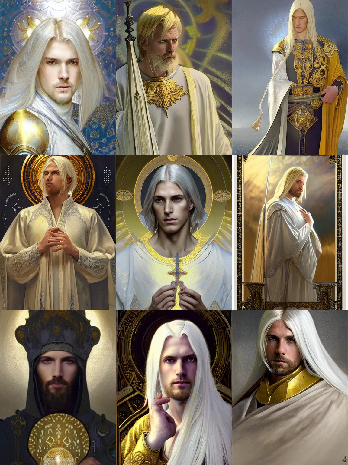 Prompt: portrait of a calm and pious male aasimar paladin above head with medium length platinum blonde hair wearing white slate grey and gold vestments, pensive expression, highly detailed, cinematic lighting, illustration, painterly, art by Krenz Cushart and Artem Demura and alphonse mucha, intricate, masterpiece, fantasy, halo of light, d&d