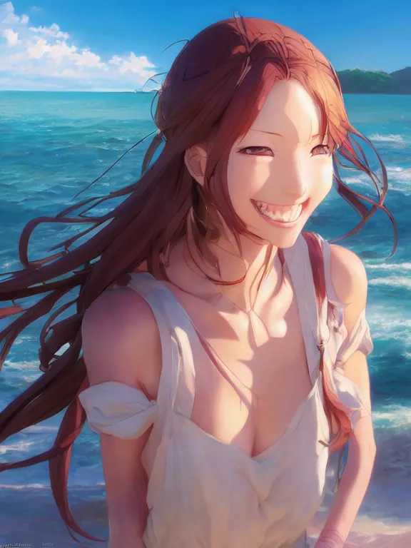 Image similar to An anime portrait of a smiling woman on the beach near the ocean, by Stanley Artgerm Lau, WLOP, Rossdraws, James Jean, Andrei Riabovitchev, Marc Simonetti, and Sakimi chan