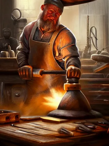 Image similar to a blacksmith striking a hammer in its anvil. working at his forge. intricate, elegant, highly detailed, digital painting, artstation, cinematic shot, concept art, sharp focus, illustration, by justin gerard and artgerm 8 k