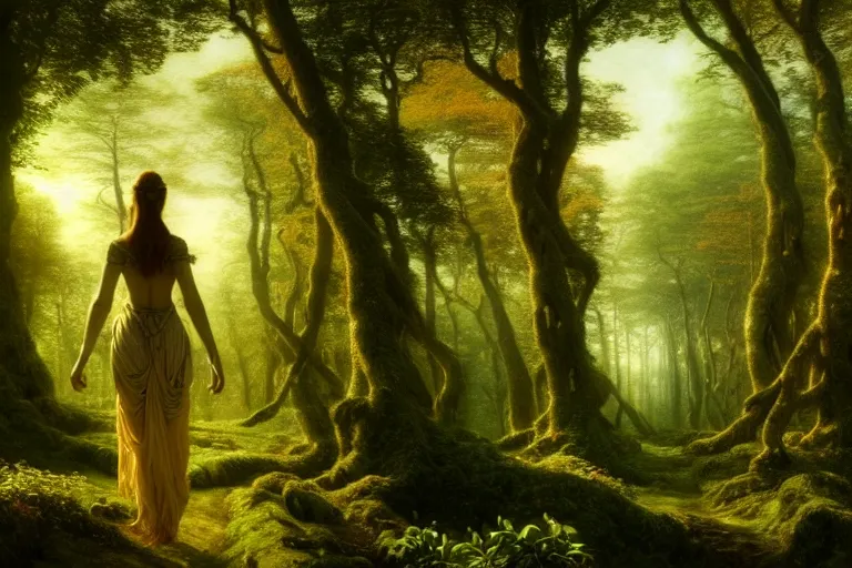 Prompt: a beautiful and highly detailed matte painting of a single sexy lady walking away into a mystical forest, psychedelic, celtic, intricate details, epic scale, insanely complex, 8 k, sharp focus, photorealism, artstation, cgsociety, by caspar friedrich, albert bierstadt, james gurney, brian froud,