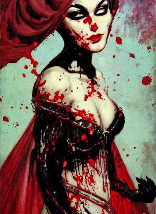 Image similar to portrait of bald iranian vampiress, jeweled veil, strong line, saturated color, beautiful! coherent! by frank frazetta, high contrast, blood splatter background