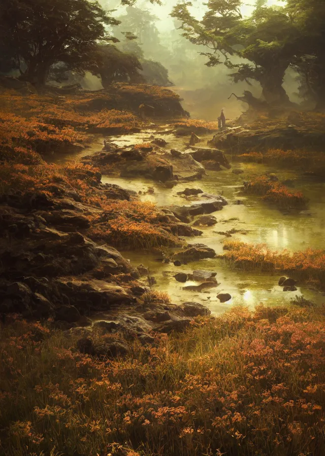 Prompt: a sulfurous bog, extremely detailed oil painting, unreal 5 render, rhads, sargent and leyendecker, savrasov levitan polenov, bruce pennington, studio ghibli, tim hildebrandt, digital art, landscape painting, octane render, beautiful composition, trending on artstation, award winning photograph, masterpiece