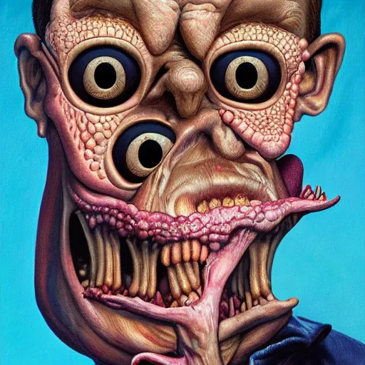 Image similar to oil painting with black background by christian rex van minnen robert williams todd schorr of a portrait of an extremely bizarre disturbing mutated man with acne intense chiaroscuro lighting perfect composition masterpiece