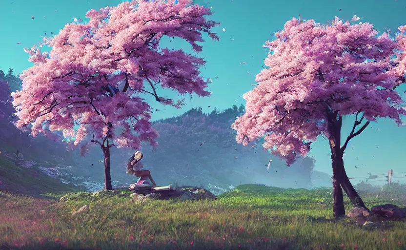 Image similar to cherry blossoms in the hills, Low level, rendered by Beeple, Makoto Shinkai, syd meade, simon stålenhag, synthwave style, digital art, unreal engine, WLOP, trending on artstation, 4K UHD image, octane render,