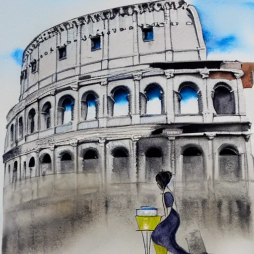 Prompt: woman making lemonade in front of the colosseum, monochrome watercolor painting