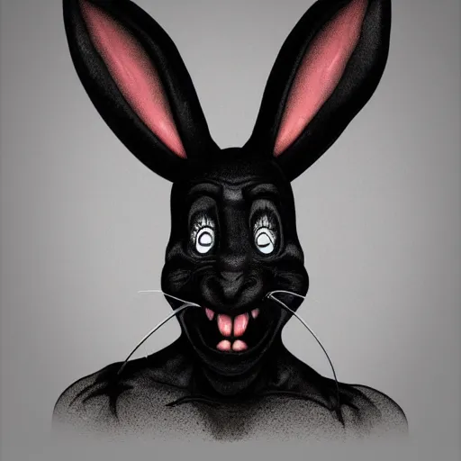 Prompt: A extremely highly detailed majestic hi-res beautiful, highly detailed head and shoulders portrait of a scary terrifying, horrifying, creepy maniacal crazy black cartoon rabbit with scary big eyes, earing a shirt laughing maniacally , let's be friends, in the style of a Walt Disney cartoon