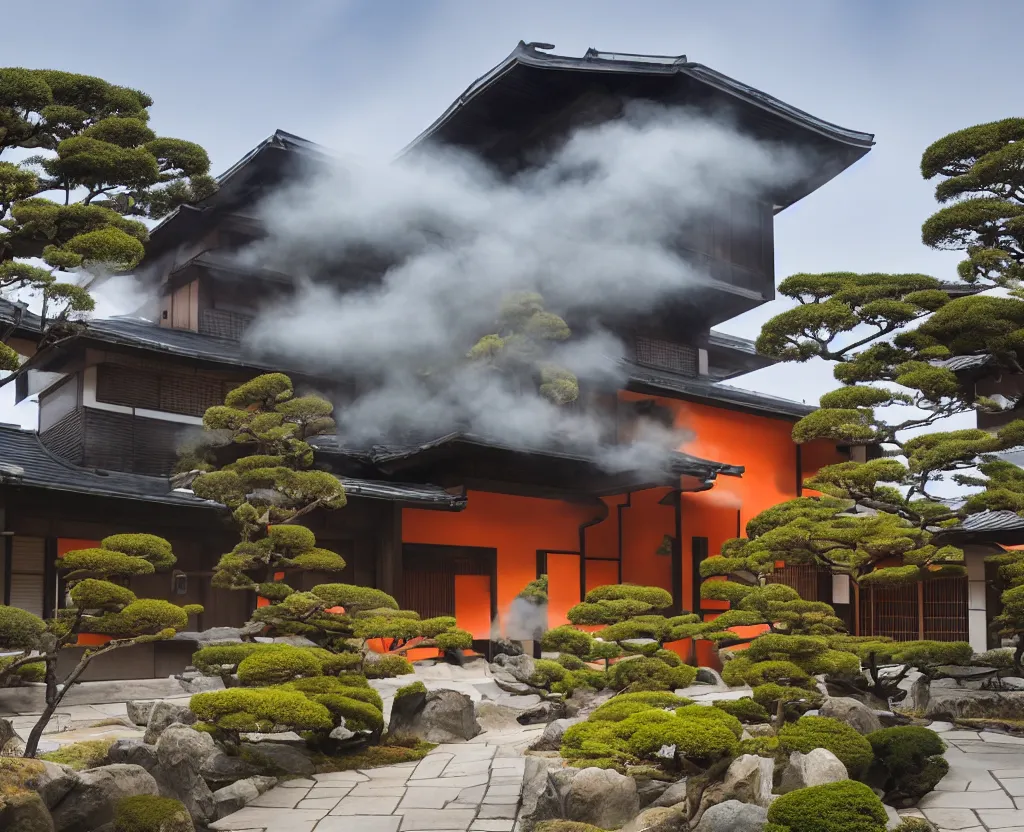 Prompt: real estate photo of the exterior of a futuristic japanese house with traditional japanese garden, dramatic lighting, smoke, ceiling fluorescent lighting, black and orange colour palette, wide angle shot