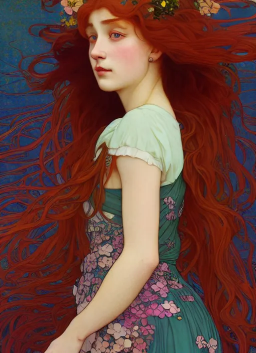 Image similar to pretty young woman resembling alicia vikander with long red hair, half body shot, path traced, highly detailed, high quality, digital painting, by studio ghibli and alphonse mucha, leesha hannigan, hidari, art nouveau, chiho aoshima, jules bastien - lepage