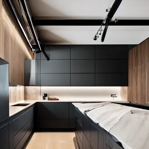 Prompt: luxury bespoke kitchen design, modern rustic, Japanese and Scandinavian influences, understated aesthetic, innovative materials and texture, by Roundhouse Design and Charles Yorke and Davonport