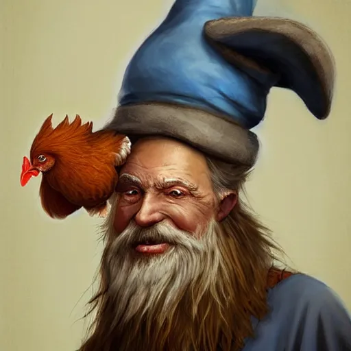 Image similar to a kind old wizard with a long white beard looking a confused, holding a pet chicken perched top of his hat, wearing a blue robe, grey eyes, realistic, detailed, trending on ArtStation, by Tony Sart