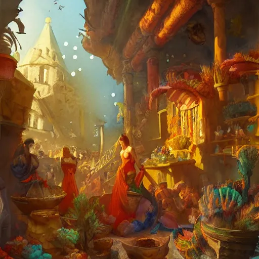 Image similar to a beautiful and vivid and colorful and chiaroscuro Grzegorz greg rutkowski watercolor painting of an ancient greek market with a yellow mermaid and fish and treasure and a bioluminescent coral garden underwater trending on artstation hq