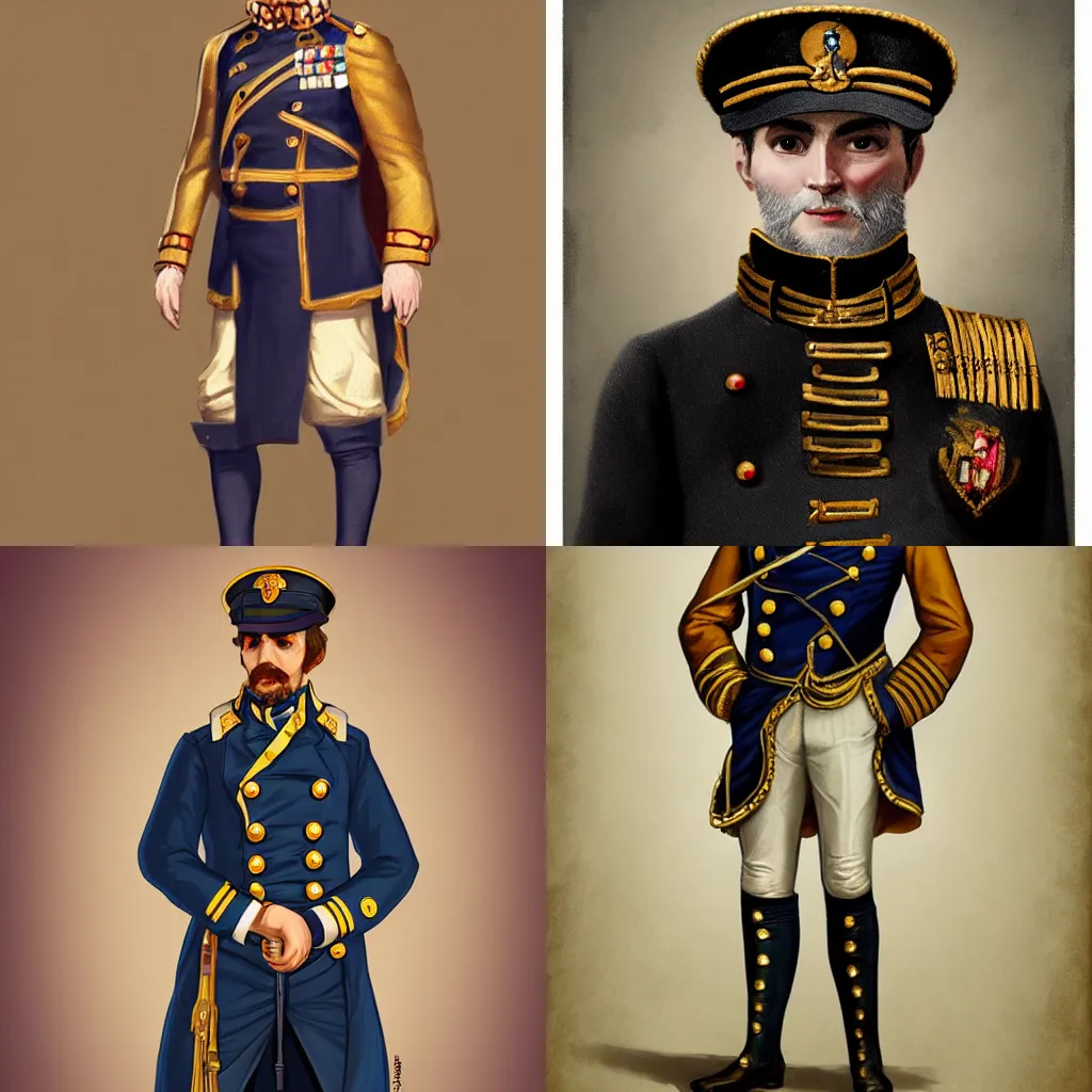 Prompt: man wearing a 19th century naval officers uniform, intricate, elegant, highly detailed, digital painting, artstation, concept art, matte, sharp focus, illustration