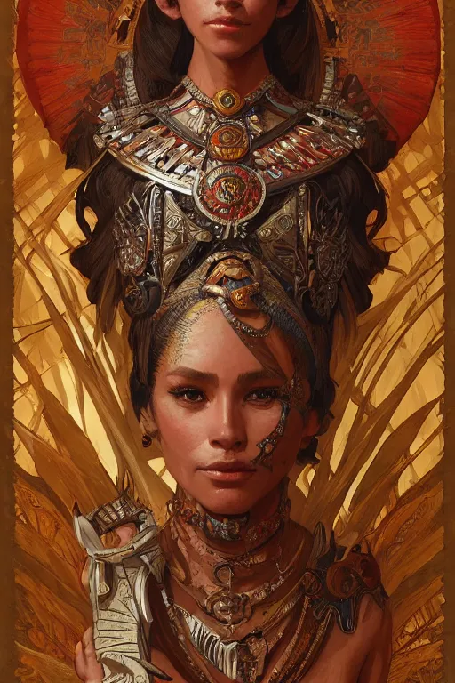 Image similar to a portrait of a anthropomorphic an acient aztec warrior goddess, D&D, fantasy, intricate, highly detailed, digital painting, artstation, concept art, smooth, sharp focus, illustration, art by artgerm and greg rutkowski and alphonse mucha