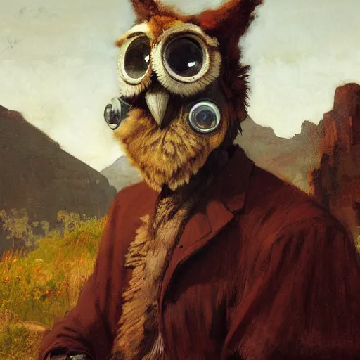 Prompt: wild west portrait of furry anthro anthropomorphic owl head animal person fursona wearing clothes in the valley, sunny day, digital art by Nerdrum John, William Waterhouse, Winslow Homer, Alex Heywood, Jordan Grimmer, Darren Quach, Greg Rutkowski, Simon Stalenhag, trending on Artstation, CGSociety