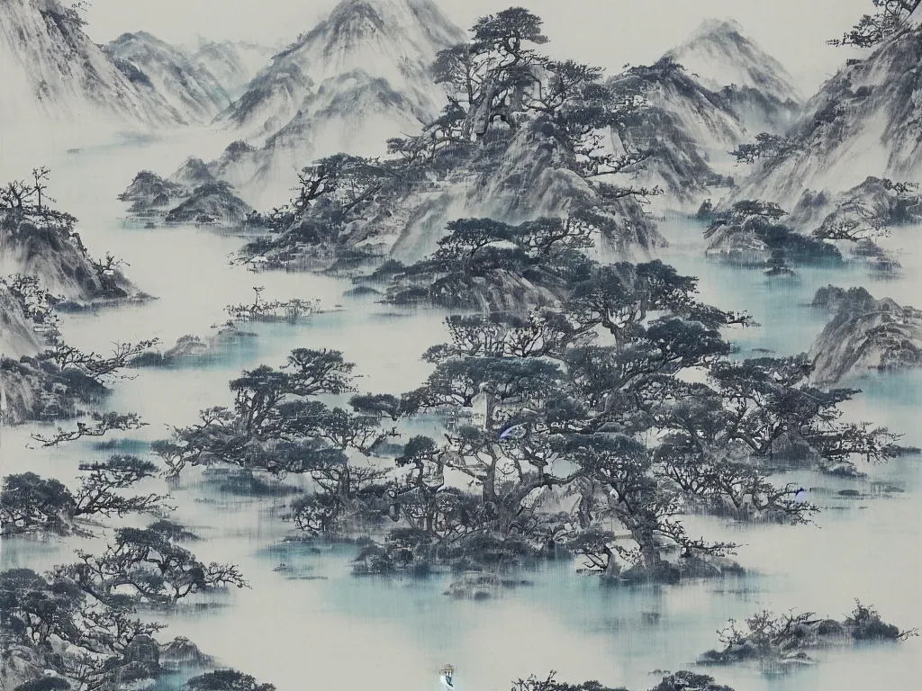 Image similar to its torrent dashes down three thousand feet from high ; as if the silver river fell from azure sky, cinematic landscape ， on a snowy day, natural light, ink painting, traditional chinese painting, by xu beihong