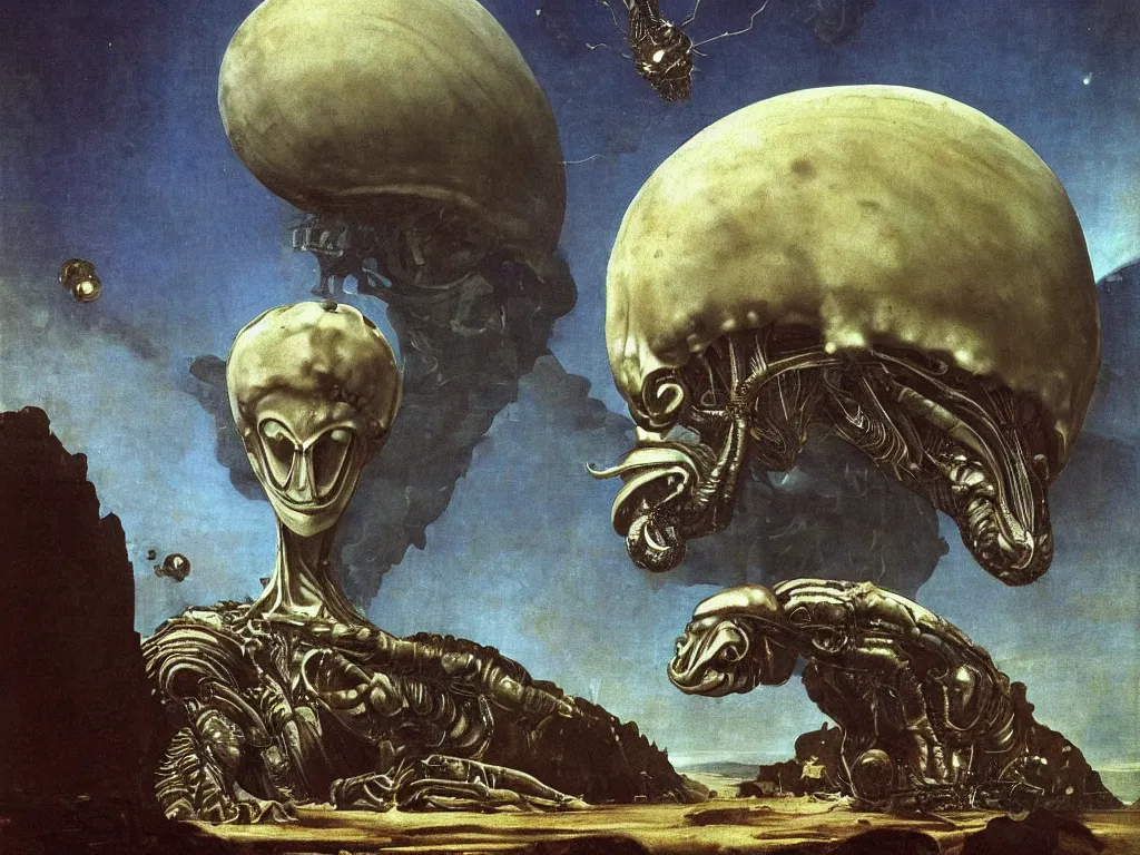 Prompt: Close up view of an alien mollusk on a planet dominated by giant beetles. Thick gothic cathedral smoke. Surreal, melancholic. Painting by Caravaggio, Arnold Bocklin, Roger Dean