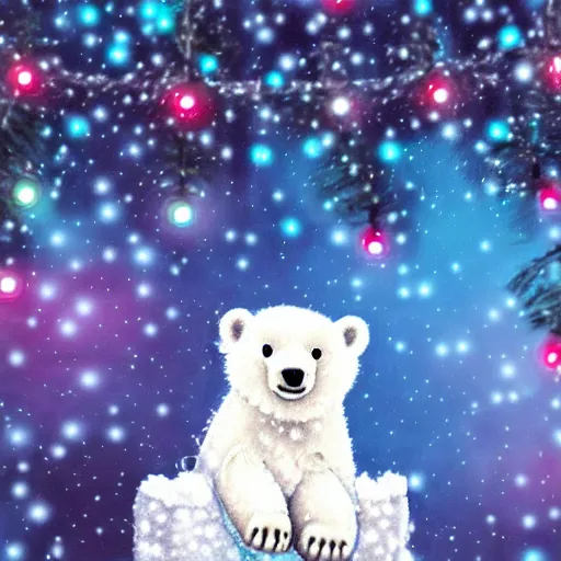 Prompt: cute fluffy white baby polar bear cub sitting in snowy winter christmas tree landscape with holiday lights detailed painting 4k