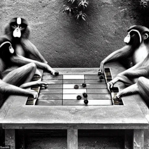 Image similar to a beautiful street art of a group of monkeys playing backgammon. the monkeys are seated around a table, with some of them appearing to be deep in concentration while others appear to be playing more casually. by philip wilson steer, by francesca woodman, by frida kahlo serene, sad