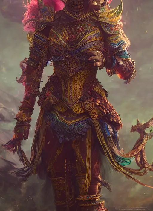 Image similar to detailed full body concept colorful fantasy painting of a female warrior in intricate clothing, cinematic lighting, hyperdetailed, 8k, high resolution, insanely detailed and intricate, octane render