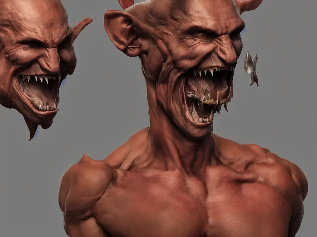 Image similar to game concept art, muscular body, mesomorph, chiroptera head, chiroptera ears, sharp teeth, hyperrealism, artstation, cgsociety, zbrush, no background