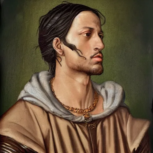 Image similar to a renaissance style portrait painting of travis scott