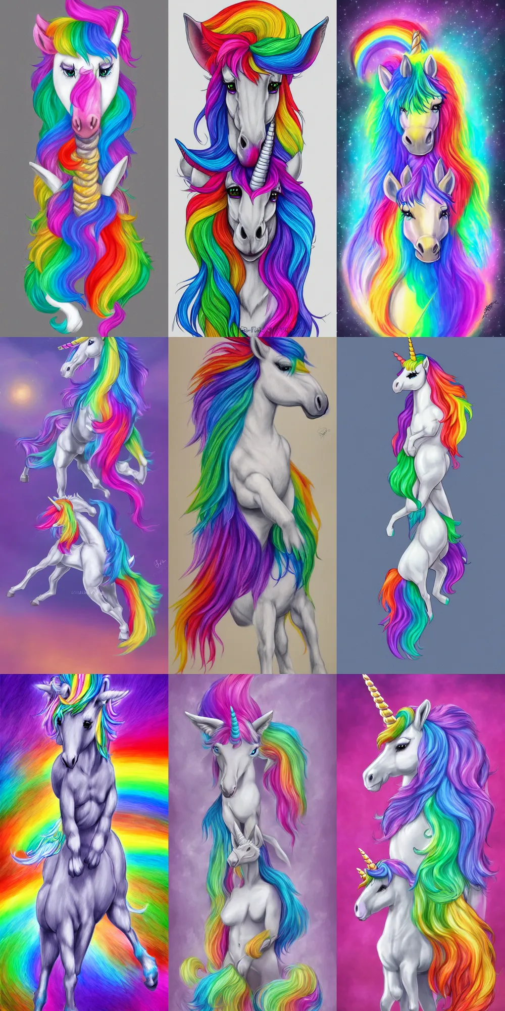 Prompt: rainbow unicorn fursona, fullbody, trending on furaffinity, realistic shading, commission for