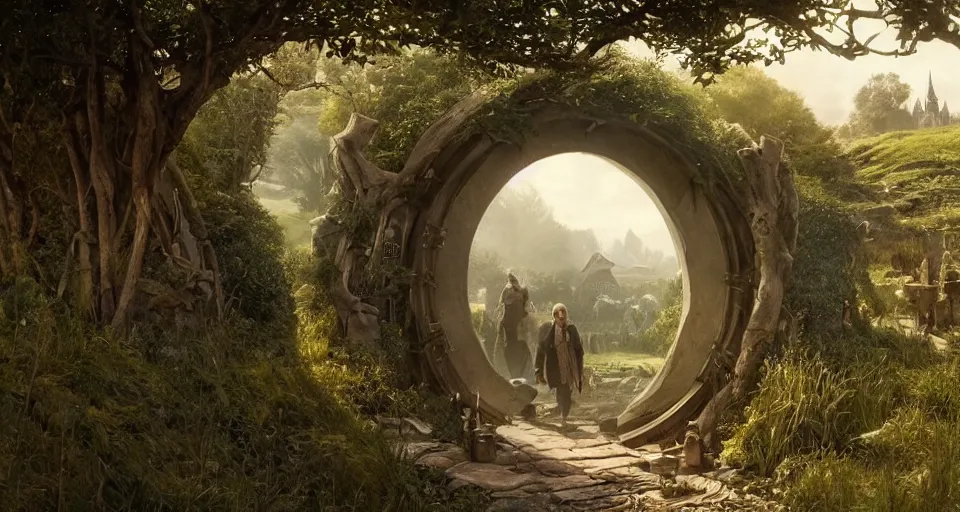 Image similar to the shire, hobbiton, lord of the rings, hobbit circle doors, intricate, elegant, highly detailed, greg rutkowski, dishonored 2 john park, frazetta, john howe, ruan jia, jeffrey catherine jones