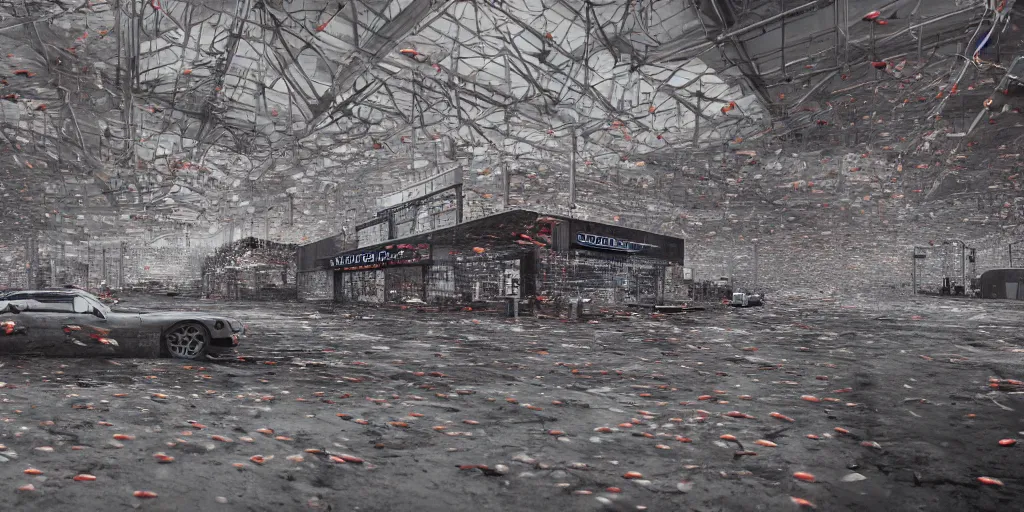 Prompt: realistic cinematic views of a Orwellian Costco with dead fish falling from the sky, hyper detailed, terror glows, hyper realistic, digital painting, 8k, 35mm film grain, octane render