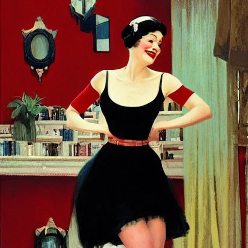 Prompt: a beautiful young girl was dancing the Charleston on the living room carpet with joy, fair skin, red lips, black hair, oil painting, Sherree Valentine Daines, Coles Phillips, Gil Elvgren, Dean Cornwell, JC Leyendecker, 8k